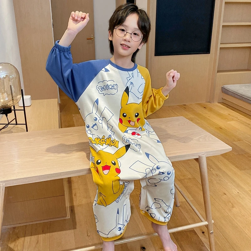 儿童连体衣春秋款纯棉男童睡衣全棉长袖薄款卡通皮卡丘中大童宝宝