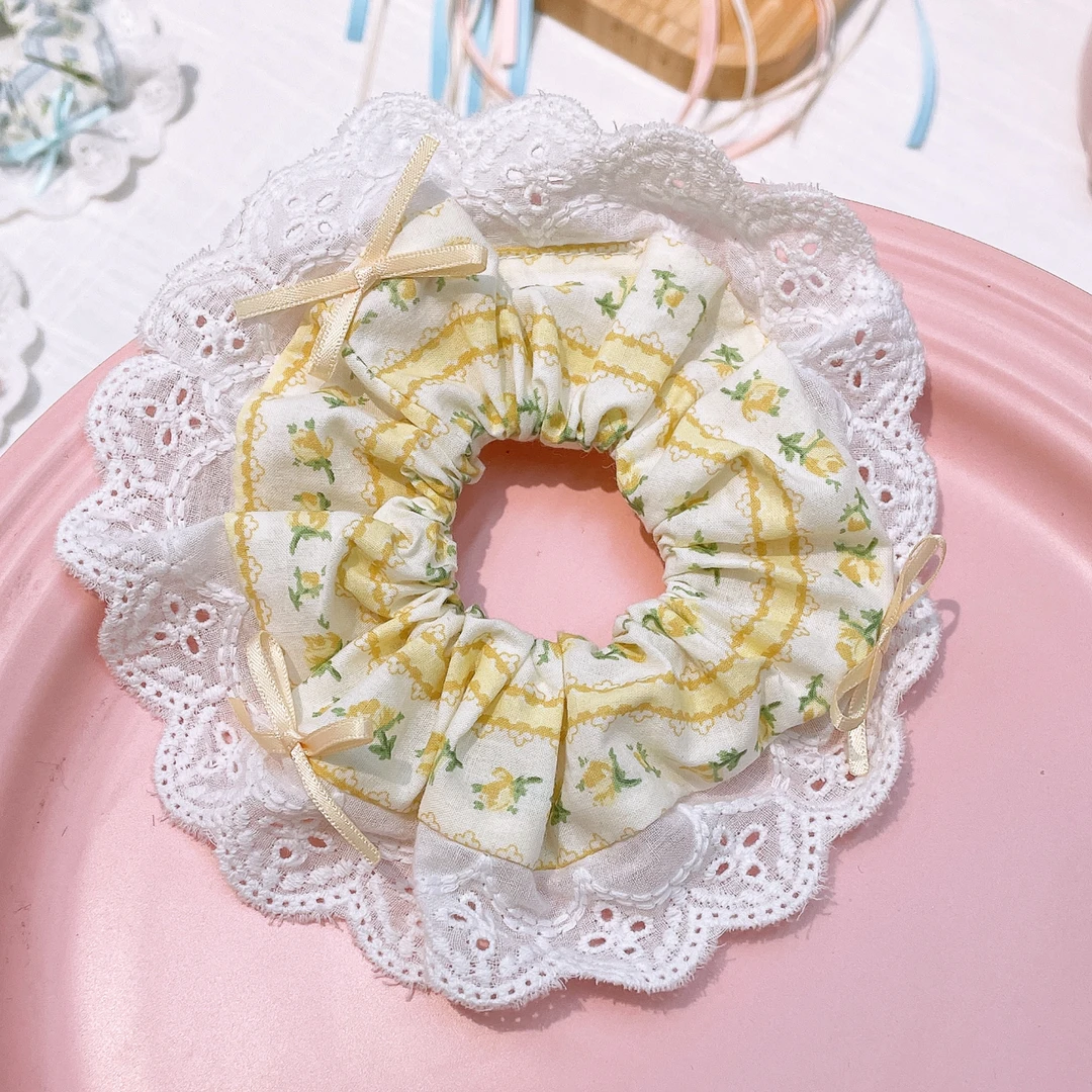 A-6868  dl 1个黄色碎花布艺花边蝴蝶结小清新耐用肠圈      发圈