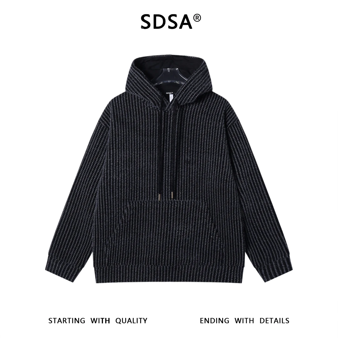 SDSA男士秋冬新款痞帅男装复古简约撞色竖纹抽绳连帽卫衣百搭宽松