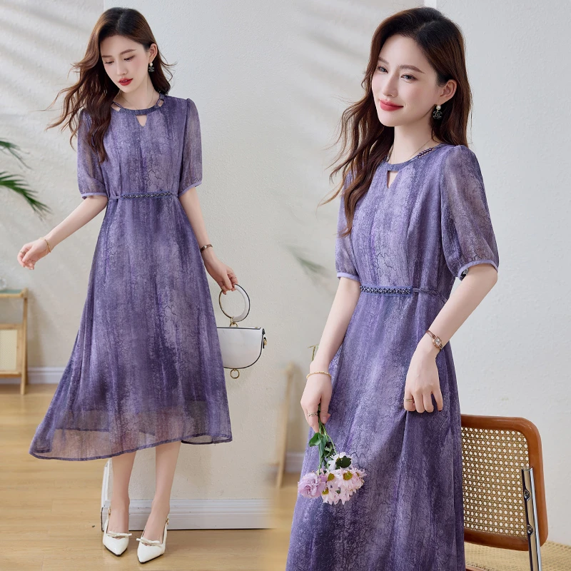 高端气质连衣裙女2025夏季新款漂亮优雅紫色中年妈妈收腰遮肚裙子