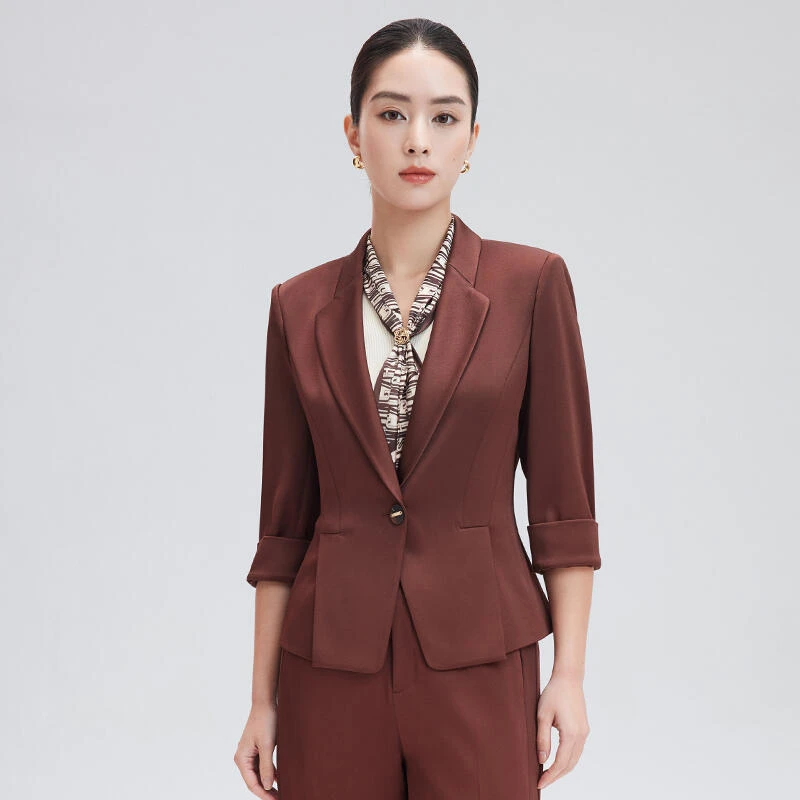 红色短款西装外套女夏款薄款醋酸缎面职业装ZA01798