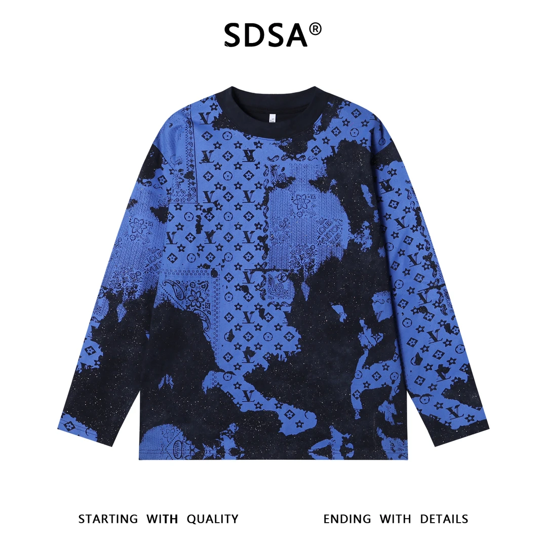 秋季高级感新款男士撞色满天星印花长袖T恤轻奢百搭宽松圆领上衣