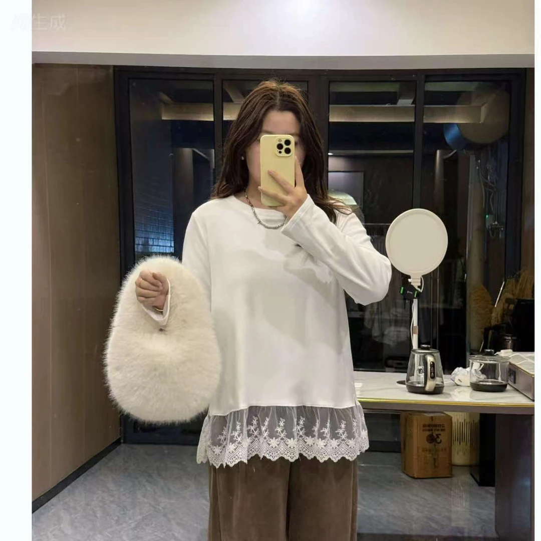 大码设计感蕾丝花边长袖T恤白色套头纯色拼接外穿内搭胖mm打底衫9