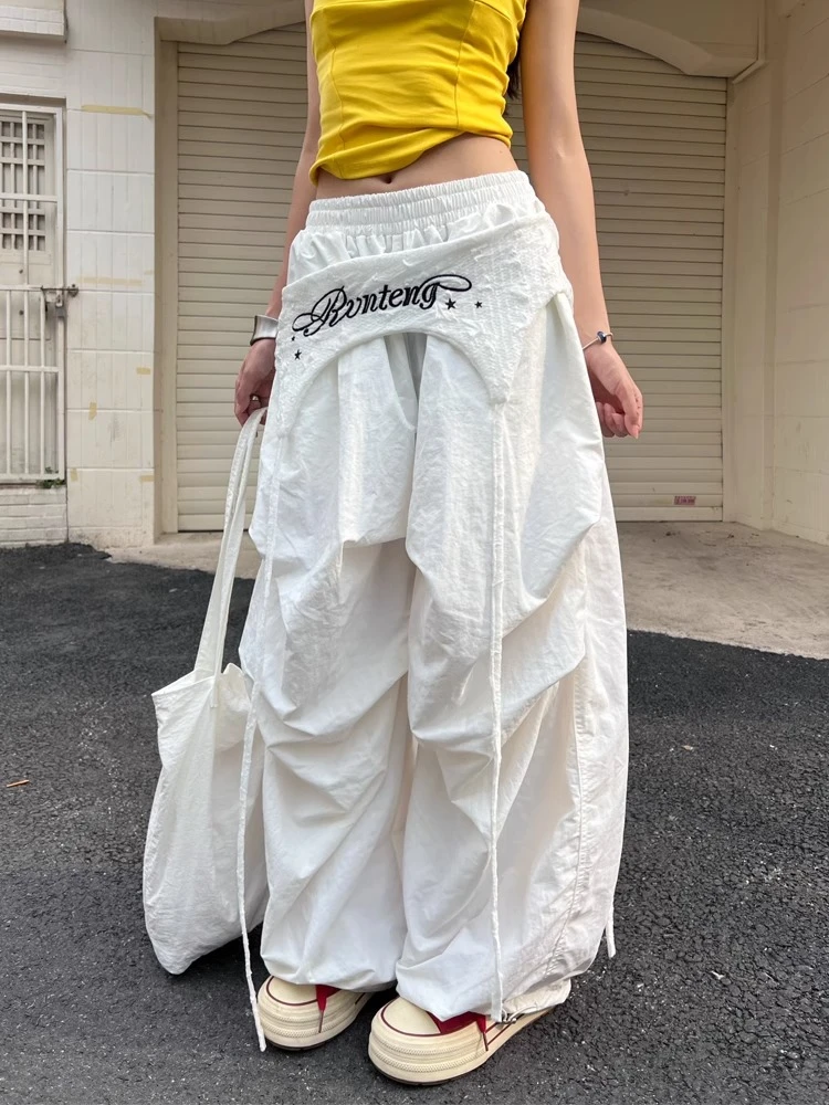 美式复古叠穿褶皱休闲裤女夏季宽松街头设计感运动伞兵裤潮