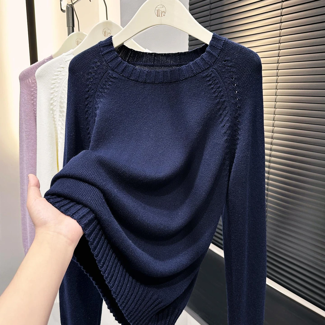 藏青色圆领针织衫上衣女爆款2025新款秋冬长袖加厚宽松套头打底衫