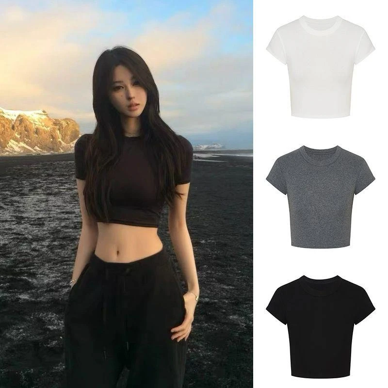 夏季纯欲风短款紧身T恤圆领多巴胺辣妹修身短袖显瘦收腰露脐上衣