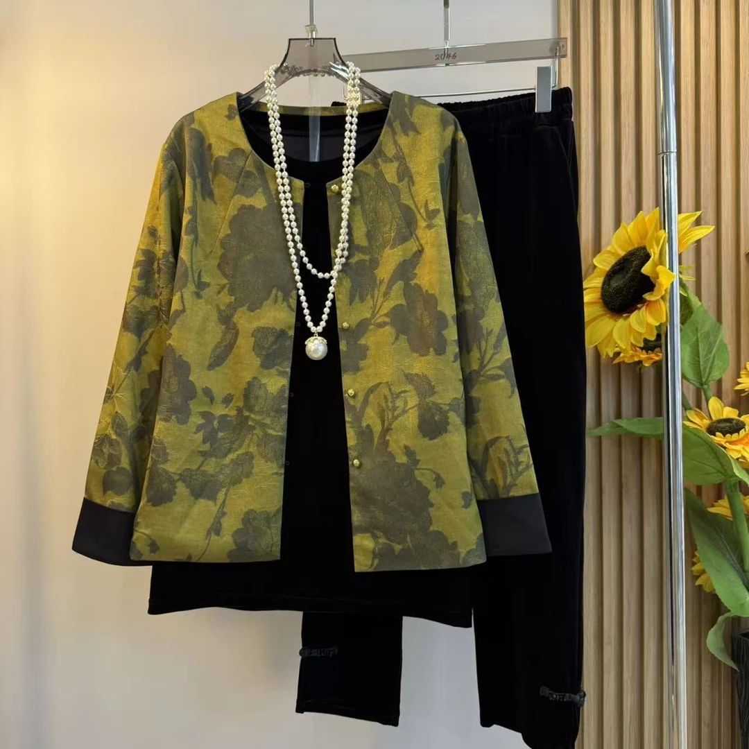 2025秋季新款新中式国风复古提花衬衫女宽松显瘦上衣搭配丝绒裤子