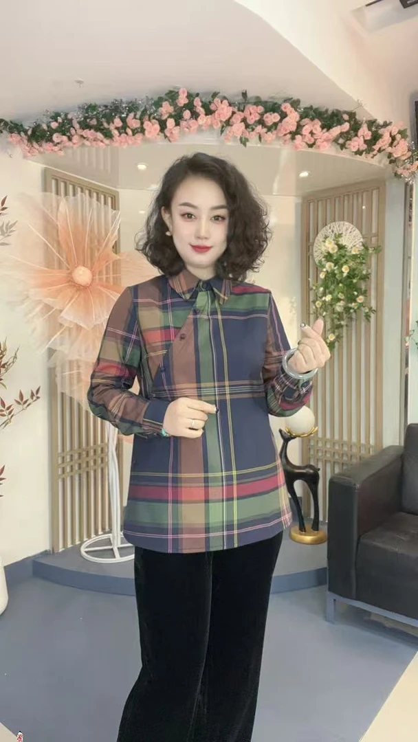 【秋冬加绒】新中式国风时尚宽松显瘦格纹翻领偏襟气质感衬衫7306-1