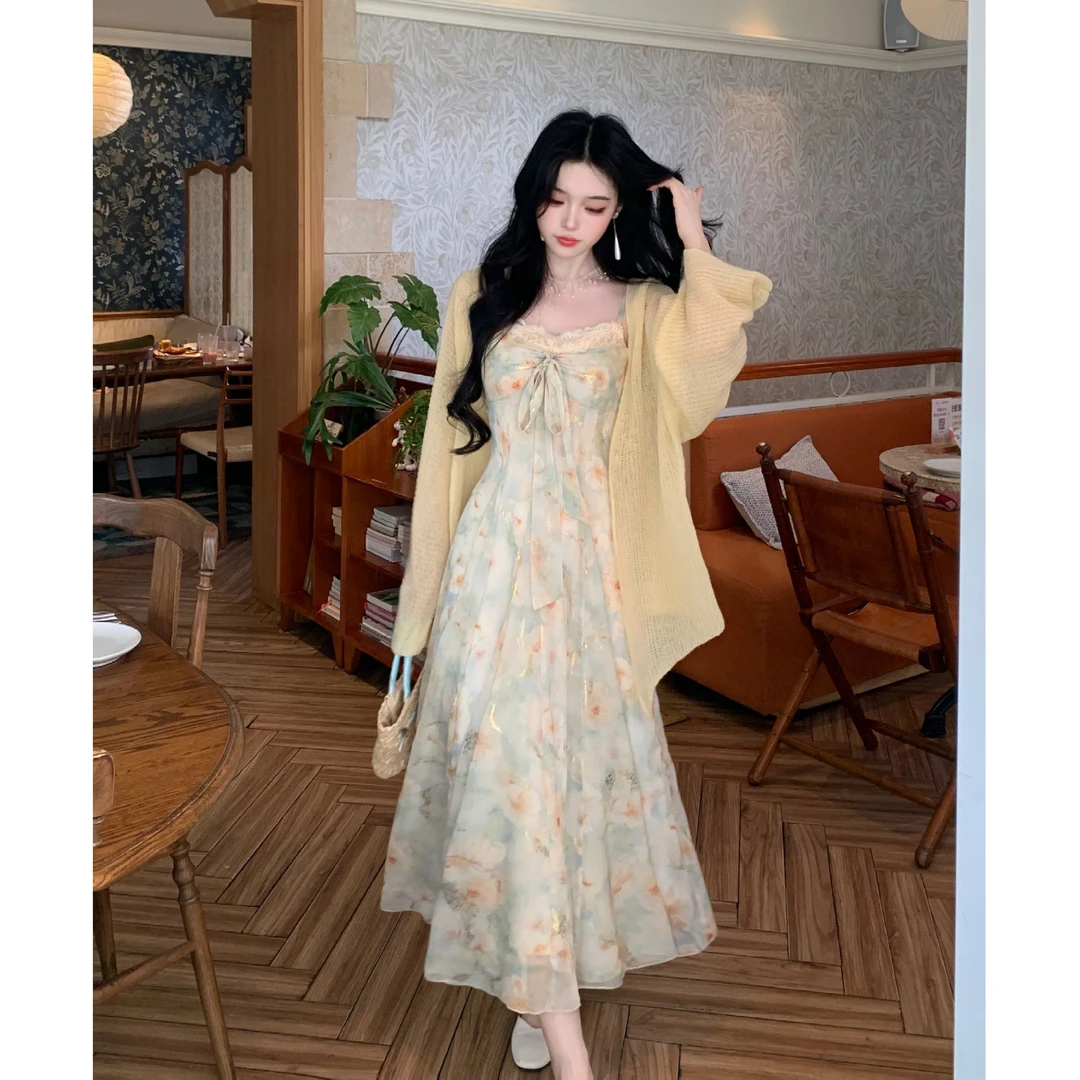 【糖糖】大码女装氛围感清新碎花收腰烫金蝴蝶结吊带连衣裙12694
