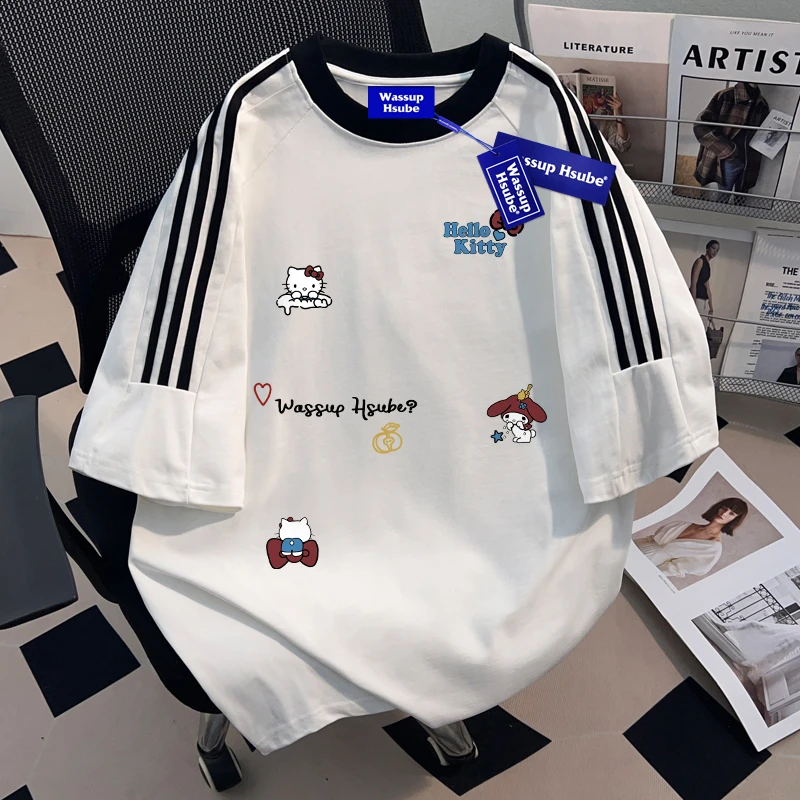 WASSUP HSUBE三条杠美式复古短袖卡通休闲上衣男女t恤宽松情侣ins