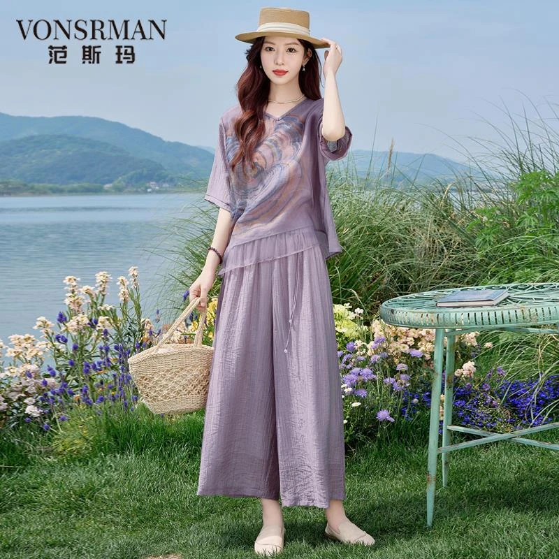 休闲时尚印花套装女2025夏季新款宽松显瘦妈妈装洋气阔腿裤两件套