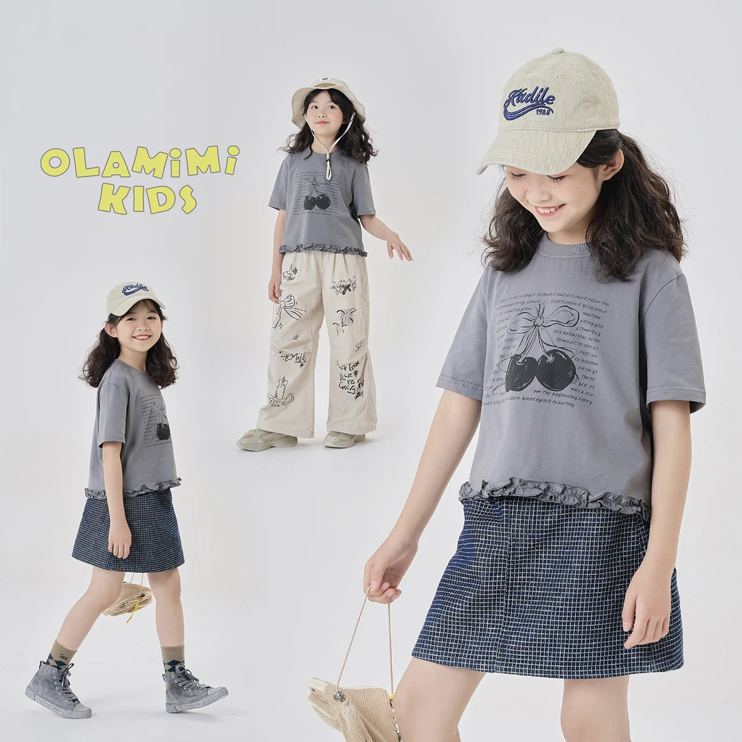OLAMIMI定制2025春 亲子甜系高级感樱桃印花木耳花边短款休闲T恤