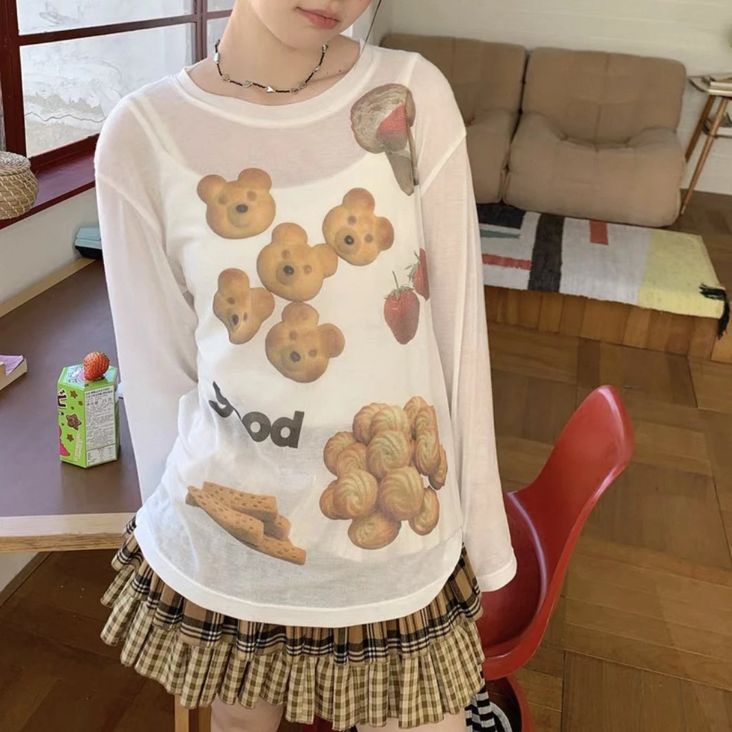 美好春季野餐网纱轻薄微透长袖T恤