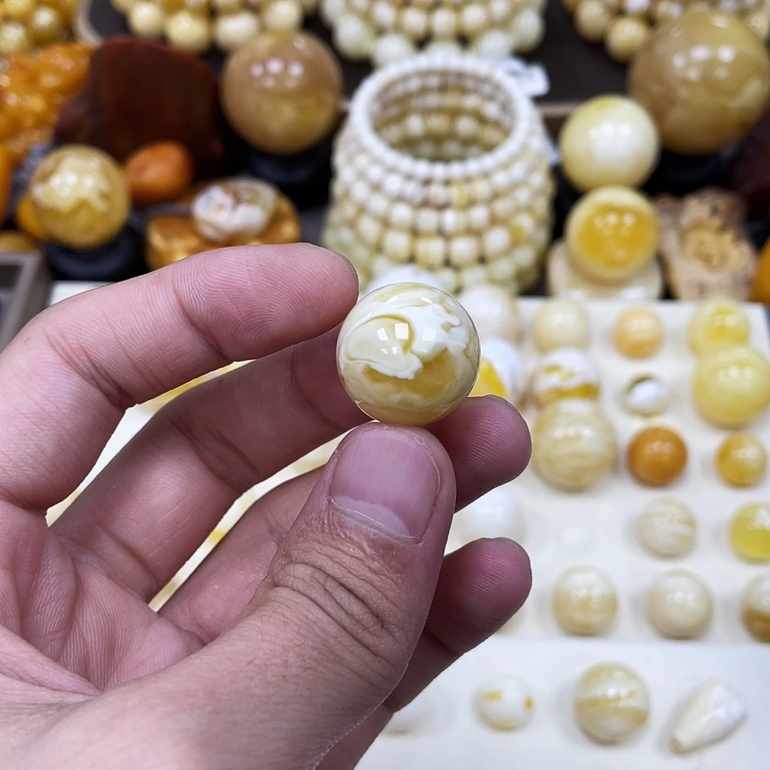 蜜蜡未镶嵌珠宝奇石19.1mm【拉丝妖孽石膏白】圆珠