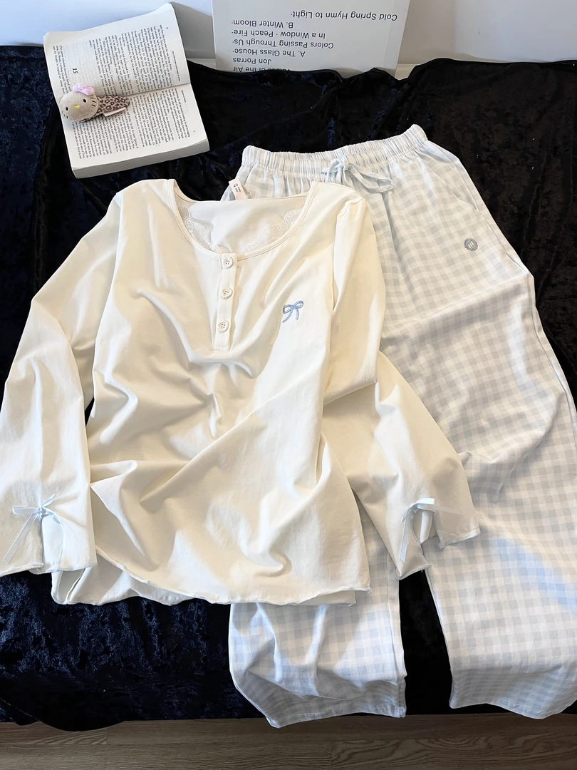 纯欲少女感休闲带胸垫睡衣女春秋季2025新款甜美蕾丝边家居服套装