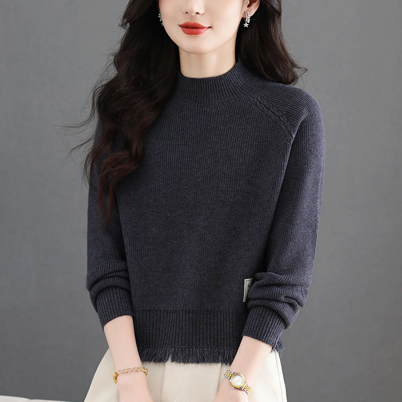 秋装时尚洋气短款流苏毛衣女士宽松显瘦秋冬大码半高领针织打底衫