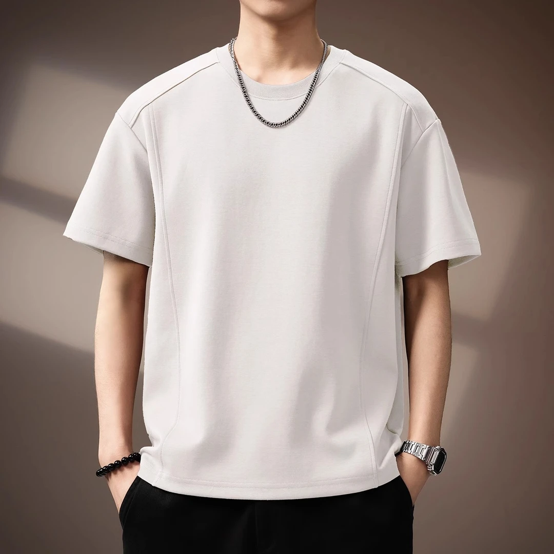 高端日系复古简约拼接短袖T恤男夏季潮牌重磅宽松圆领休闲体恤男