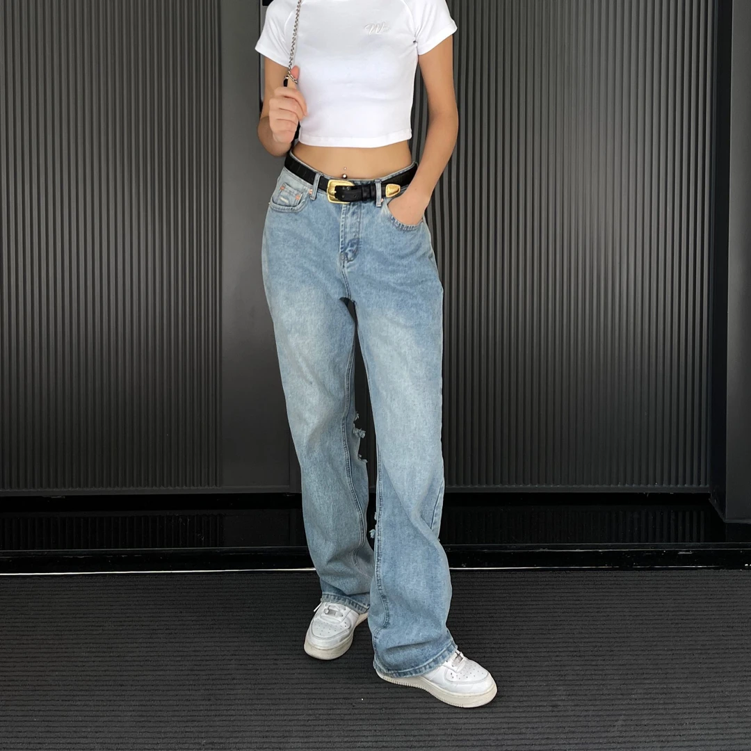 2025高腰宽松显瘦后腿破洞直筒牛仔裤女夏季做旧阔腿牛仔长裤