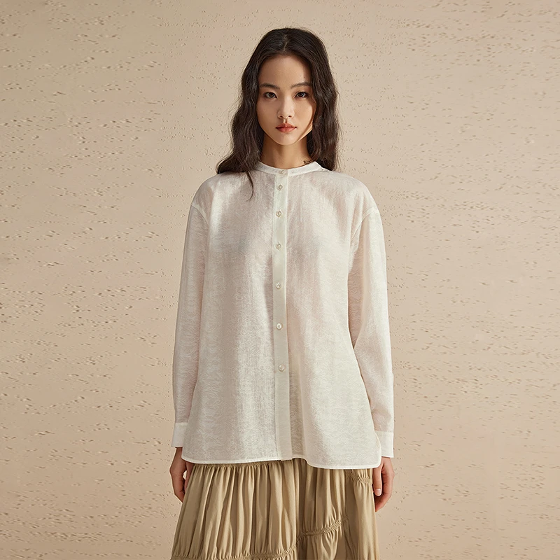 【达人专属】播春简约自然提花圆领衬衫女士衬衣中式长袖DDR2CD5646