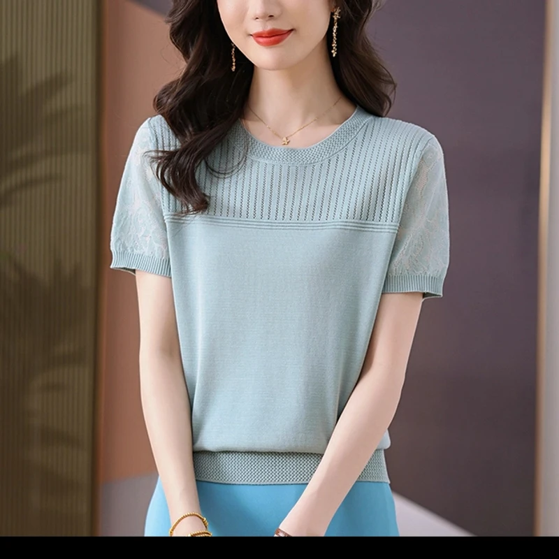 莱赛尔中年女士短袖T恤清凉透气薄款上衣百搭宽松夏季薄款针织女