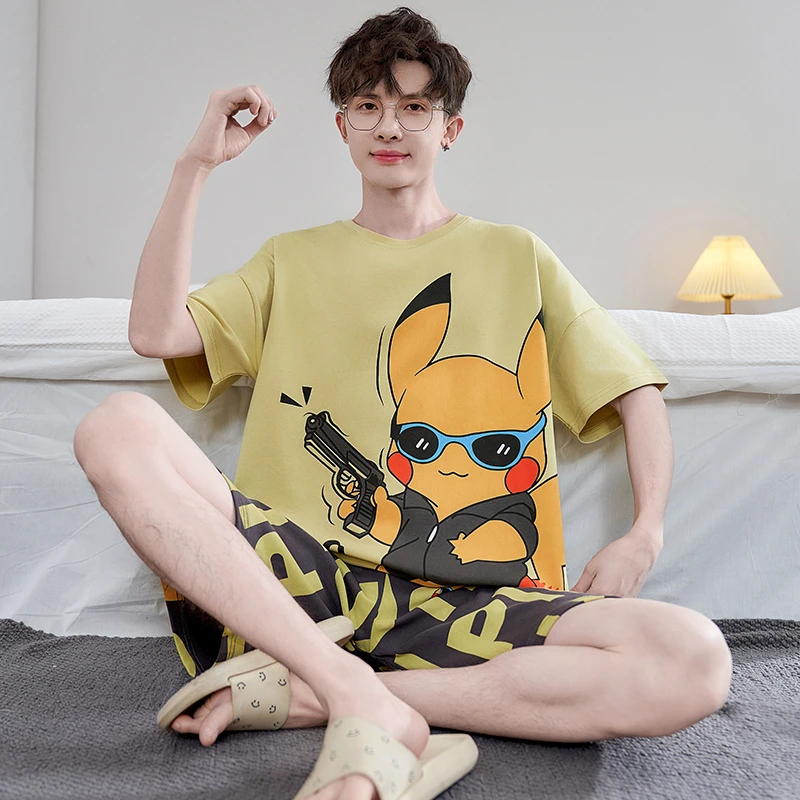 男士睡衣夏季纯棉卡通青少年休闲夏天全棉薄款大码学生家居服套装