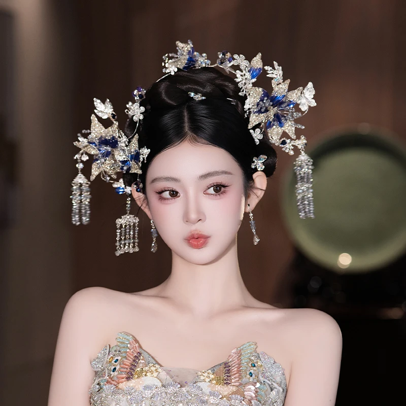 合金树脂婚庆饰品 d0488新娘秀禾新中式银蓝渐变水晶流苏头饰