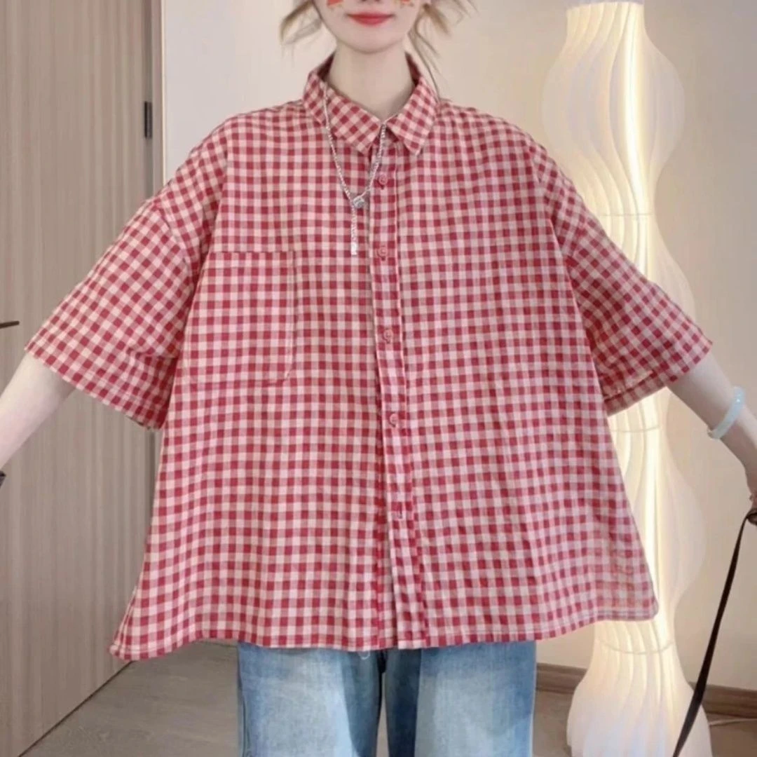 衬衫女夏款2025年新款通勤甜美宽松翻领红色格子棉布短袖上衣薄