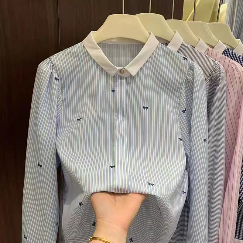 503041 2025新款复古撞色翻领条纹印花蝴蝶结长袖衬衫
