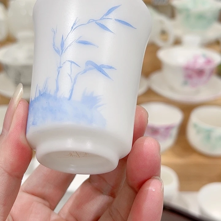 绘莲花高冰素烧手绘兰竹主人杯70