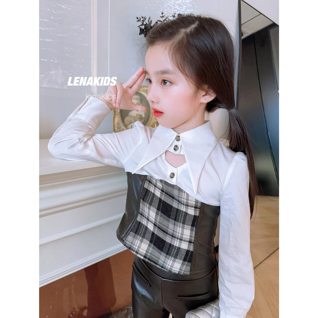 Lenakids【现货】洋气时髦气质衬衫皮裙女宝套装24082902