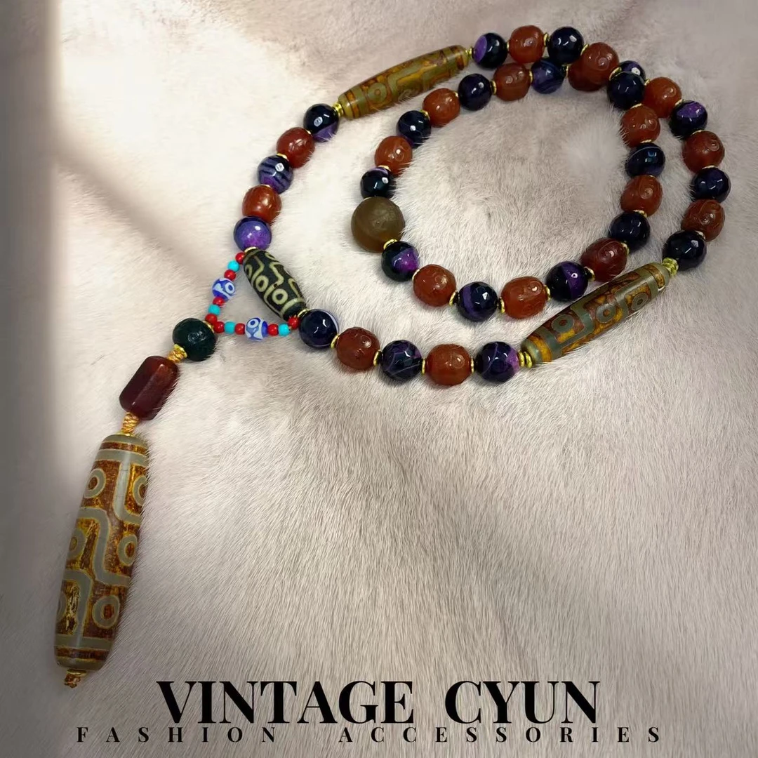 铜合金项链 纯手工古典瑙瑙九眼老珠高定长款项链11875