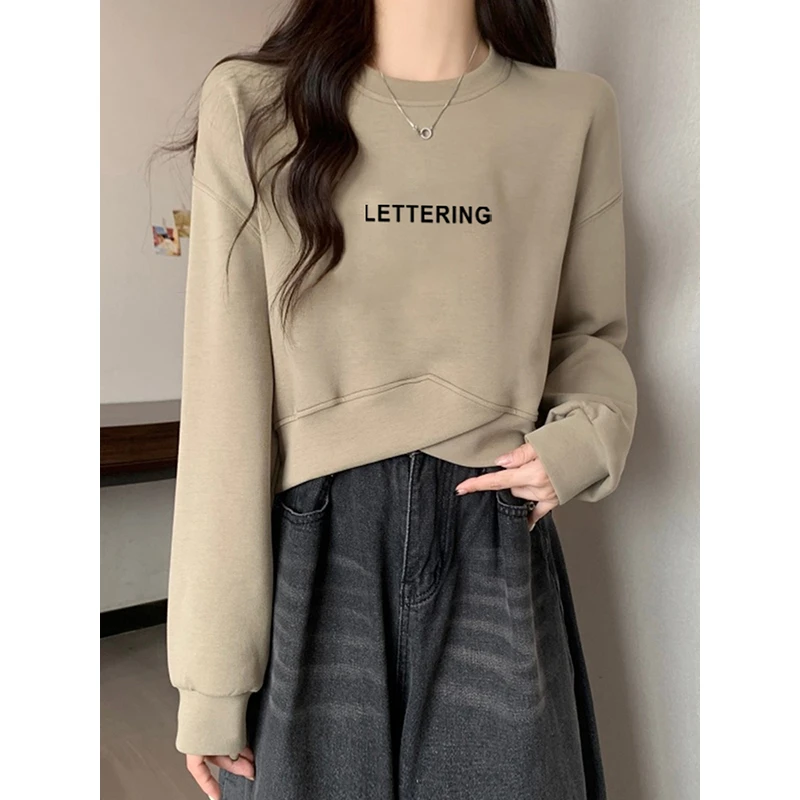 美式短款圆领套头卫衣女2025秋冬加绒薄款显瘦不规则爆款印花上衣