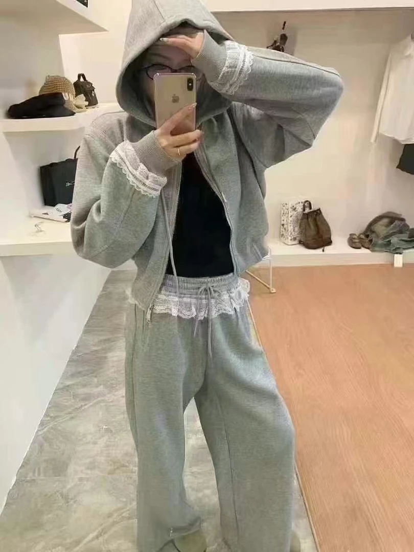 蕾丝花边拼接休闲运动套装欧洲站2025春秋新款宽松阔腿裤两件套女