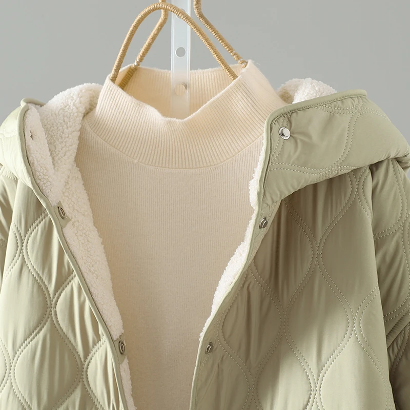 时尚高级感加厚保暖百搭长袖排扣夹棉棉衣连帽毛绒拼接棉服外套女