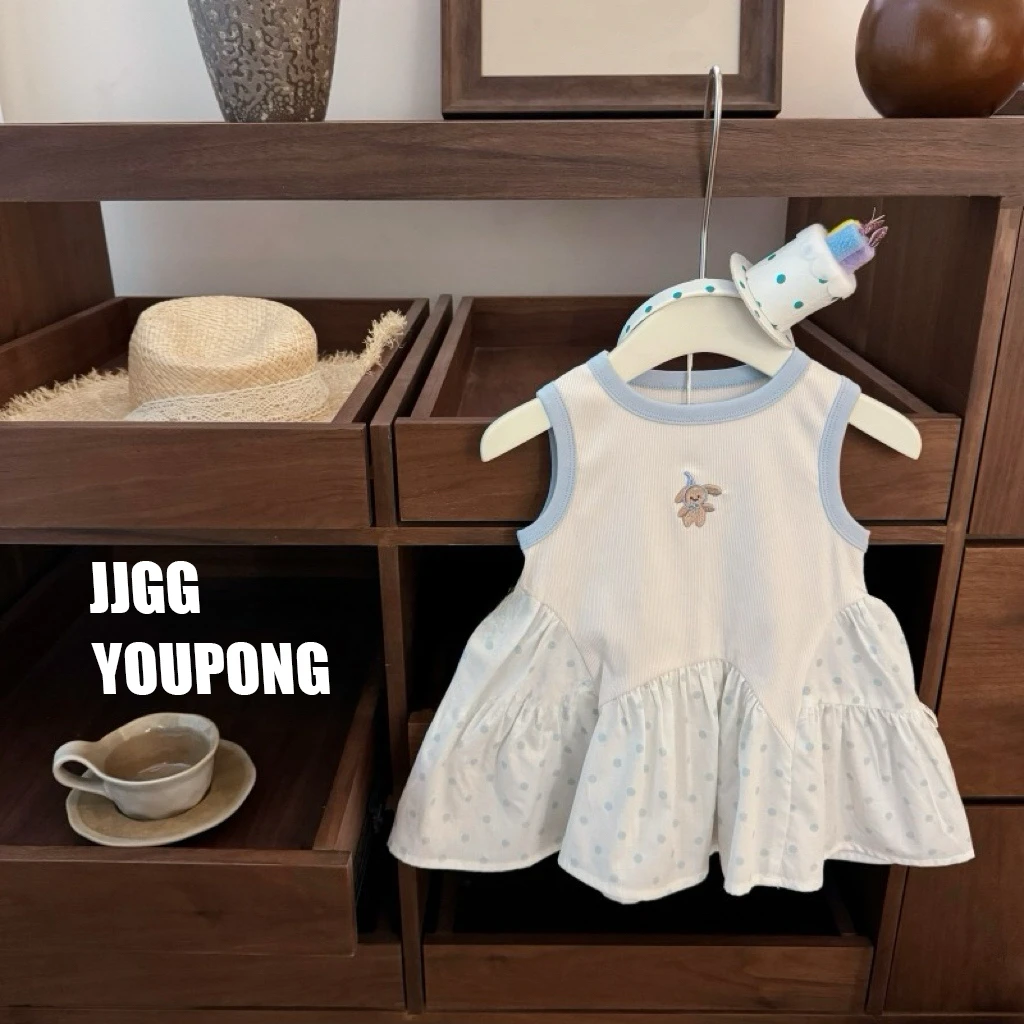 女童夏季韩版新款洋气上衣儿童波点宝宝拼接小熊甜美无袖时髦外穿