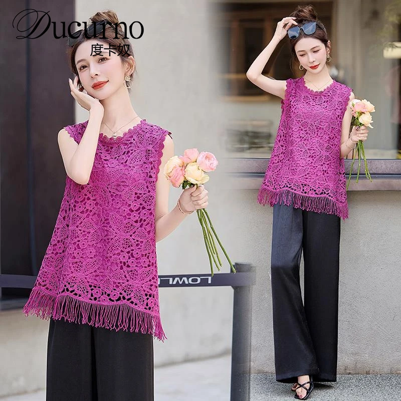 潮流超火时尚套装女夏季新款蕾丝镂空流苏上衣阔腿裤两件套2025夏