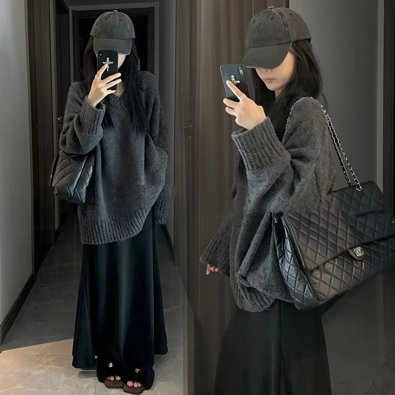 秋冬慵懒灰色V领针织毛衣冬季2025新款高级感宽松百搭纯色女装