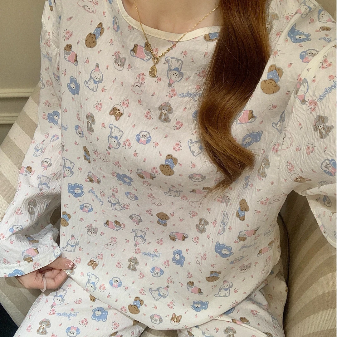 云朵棉睡衣女春秋季长袖大码舒适2025新款卡通花朵小狗套装家居服