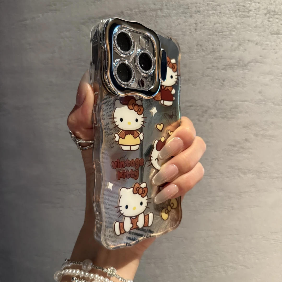 波浪边镜头膜支架适用苹果16promax手机壳iPhone15可爱kt猫14女款