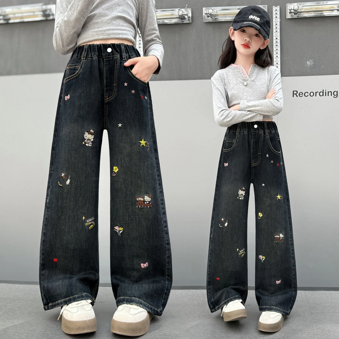 女童洋气绣花牛仔阔腿裤秋季儿童宽松休闲直筒裤中大童百搭长裤子