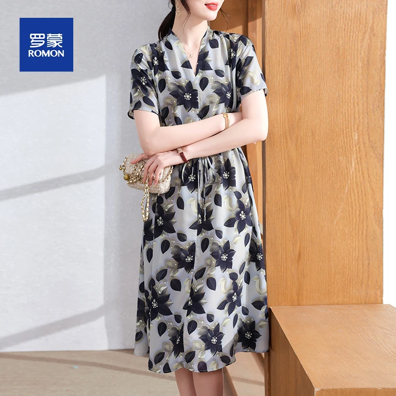 罗蒙妈妈夏装短袖连衣裙2025新款时尚减龄长裙中老年人女雪纺裙子
