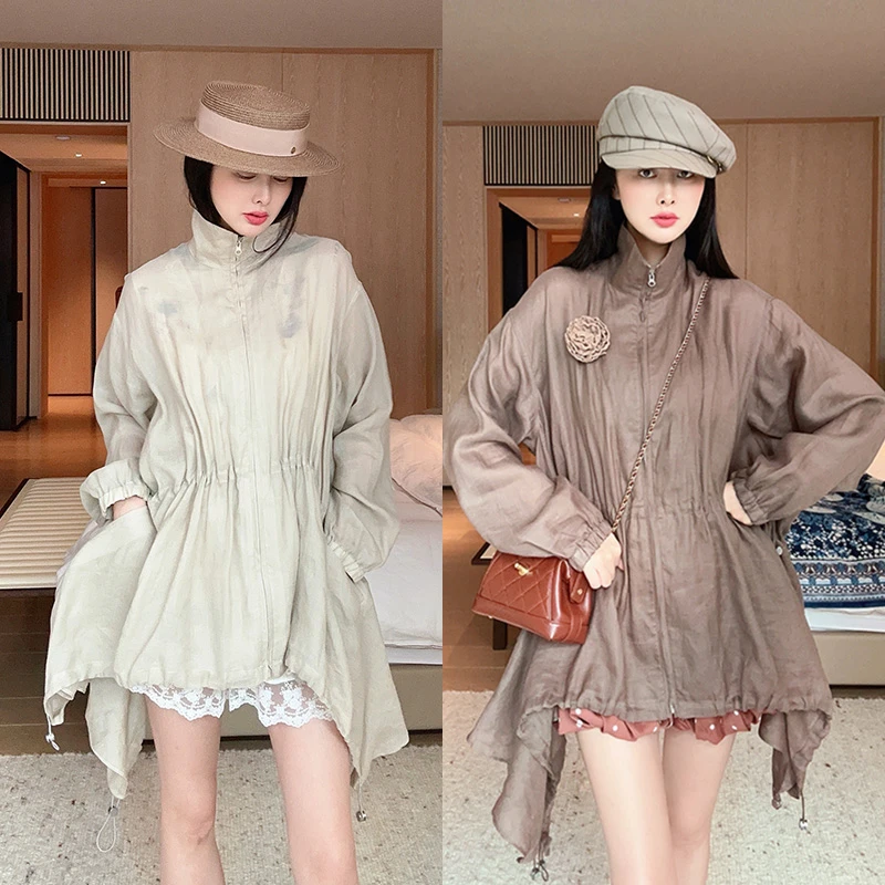 TRACY CHU新品奶茶色/米色苎麻解构风衣温婉大方时尚款纯欲慵懒风