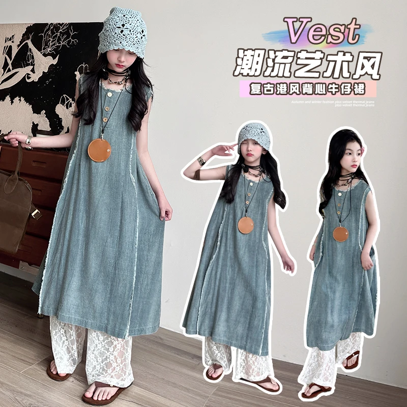 女童连衣裙复古港风连衣裙中大童洋气时尚夏季连衣裙女孩牛仔长裙