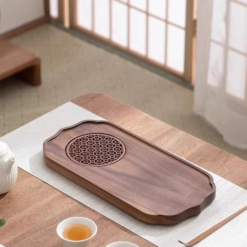 新中式海棠茶盘家用干泡盘北美黑胡桃木小茶盘简约干泡台茶具托盘