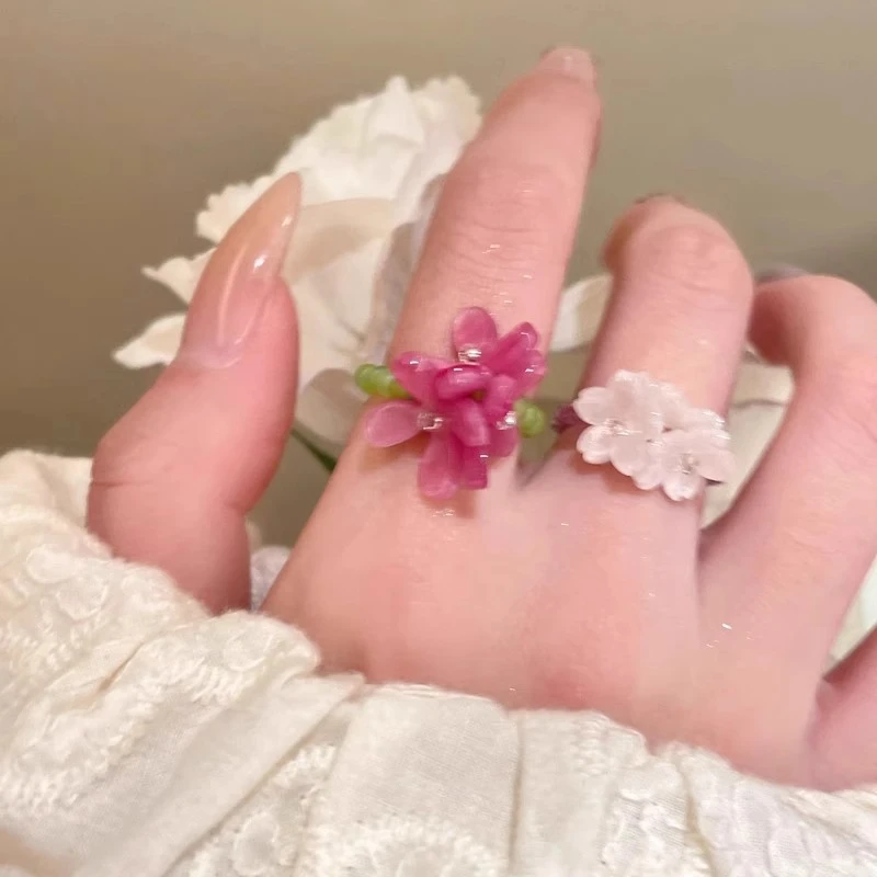 黄铜戒指 紫罗兰花朵戒指彩色小众设计食指戒度假风串珠叠戴指环