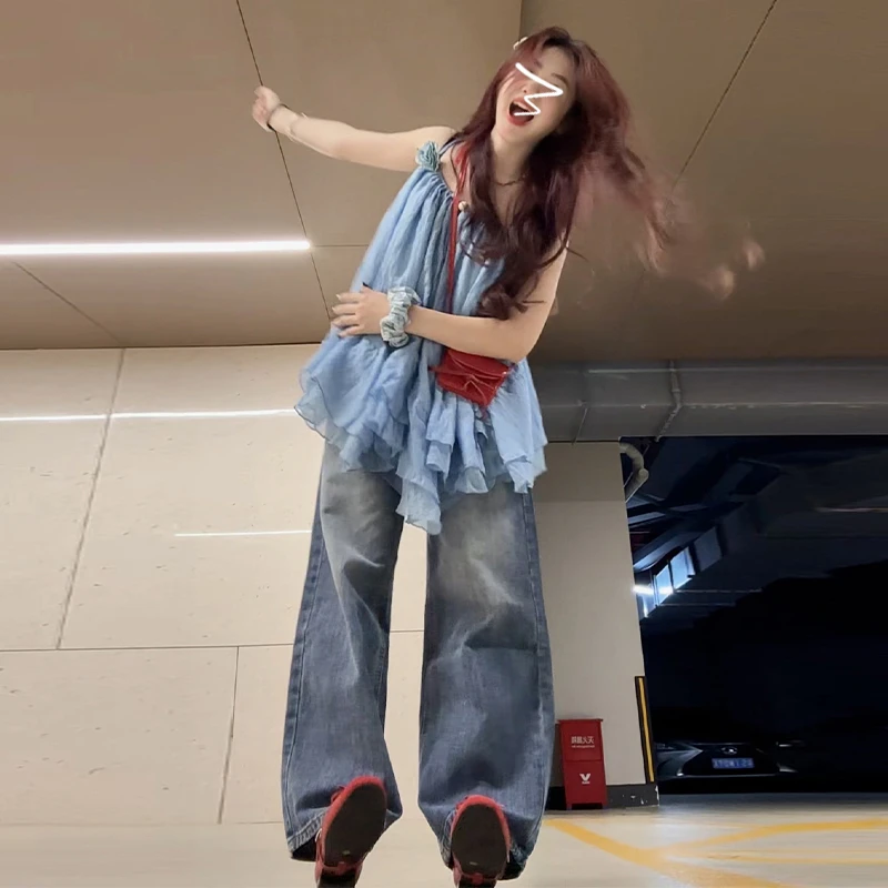 独特别致蓝色多巴胺无袖吊带上衣女夏季新款夏季外穿宽松背心3731