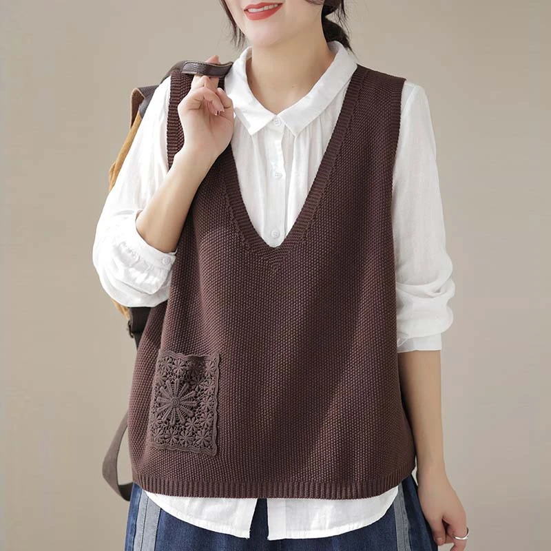 复古叠穿V领针织衫马甲背心女春秋大码蕾丝毛衣坎肩毛线马夹外搭
