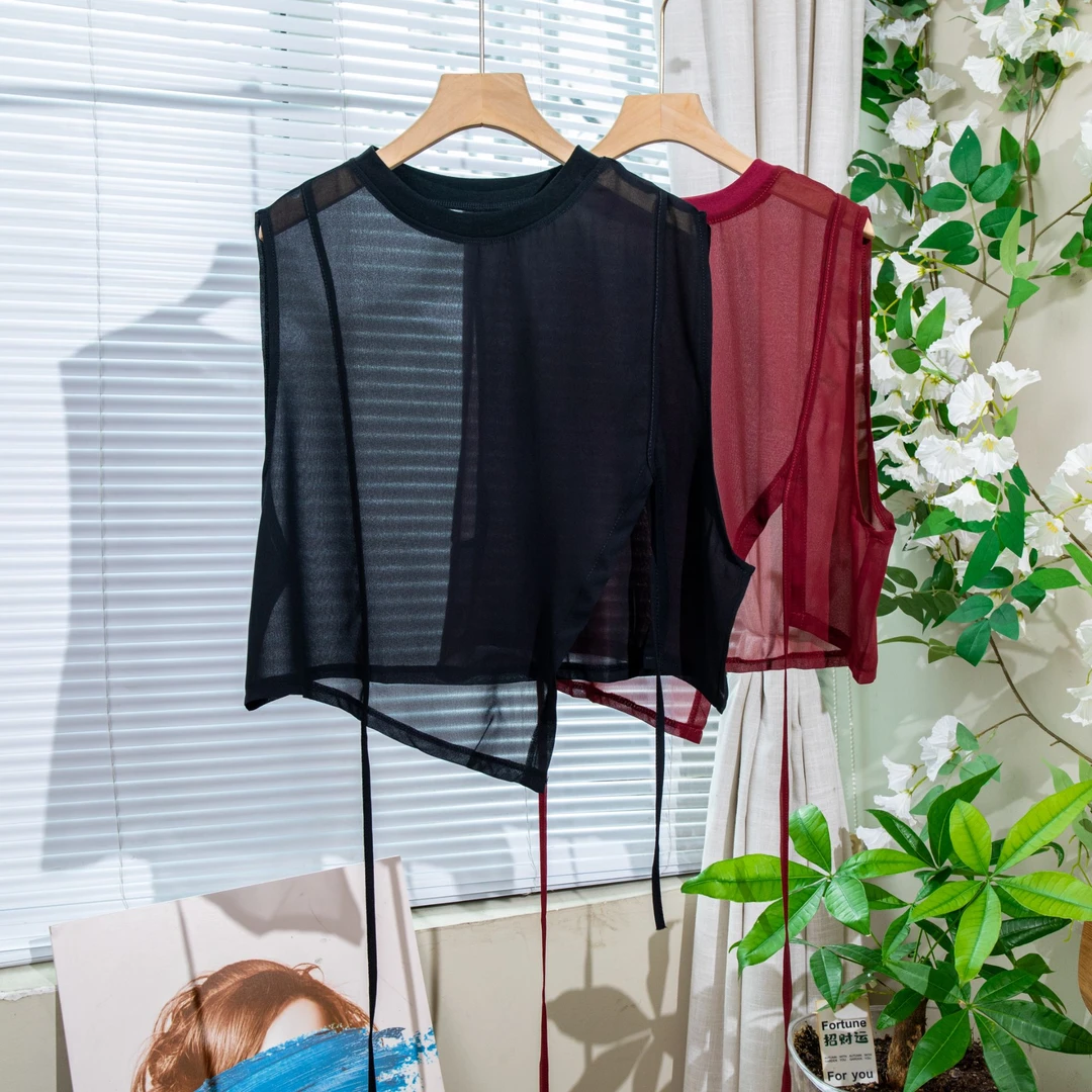 【依诺系列款】2025夏季新款显瘦圆领不规则一代珍珠雪纺纱上衣
