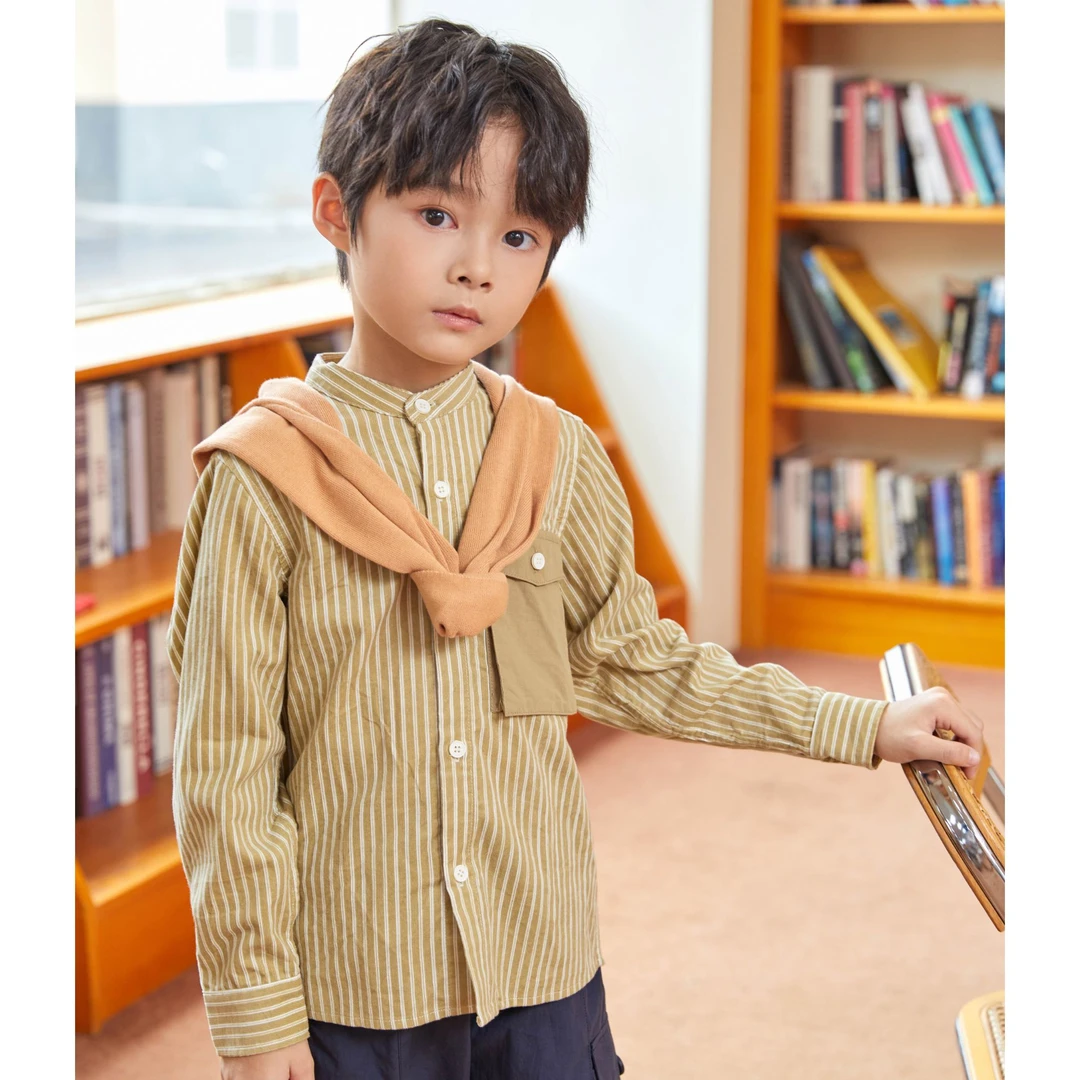 【】春季休闲男童百搭衬衫条纹长袖单穿小上衣4111030030