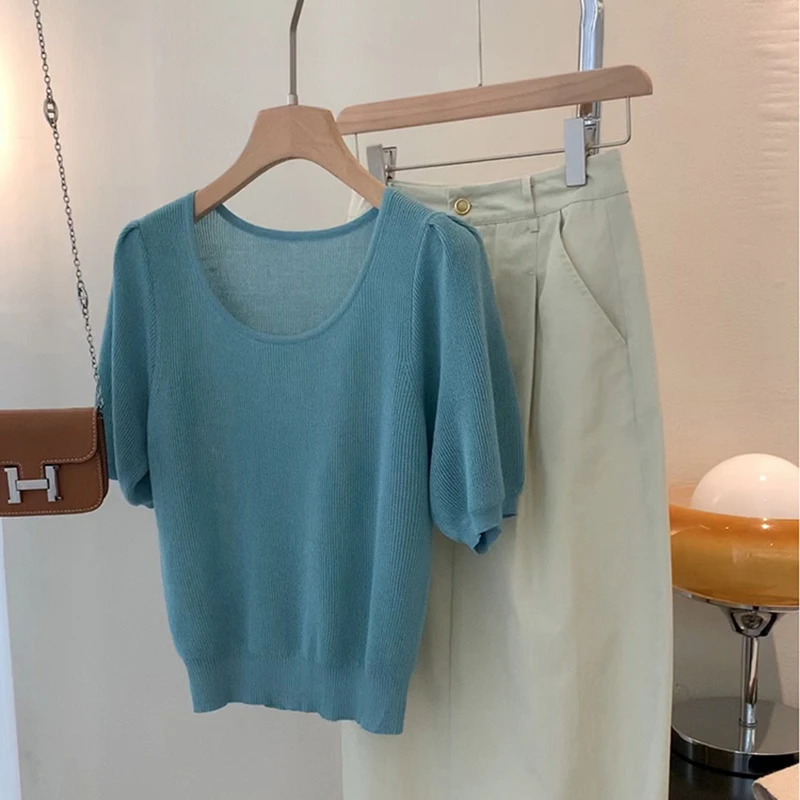 夏季冰丝短袖女气质U领纯色薄款半袖上衣宽松洋气短款百搭T恤B930